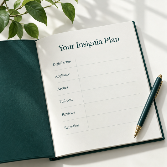 The written plan combines digital planning, appliance, scope and continuing care. Educational illustration.