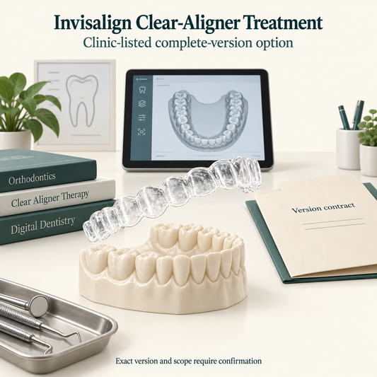 A clear aligner, a digital plan and the clinic version contract. Educational illustration.