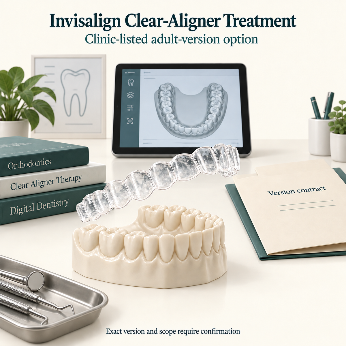 A clear aligner, a digital plan and the clinic version contract. Educational illustration.