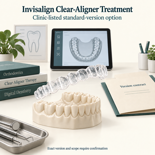 A clear aligner, a digital plan and the clinic version contract. Educational illustration.