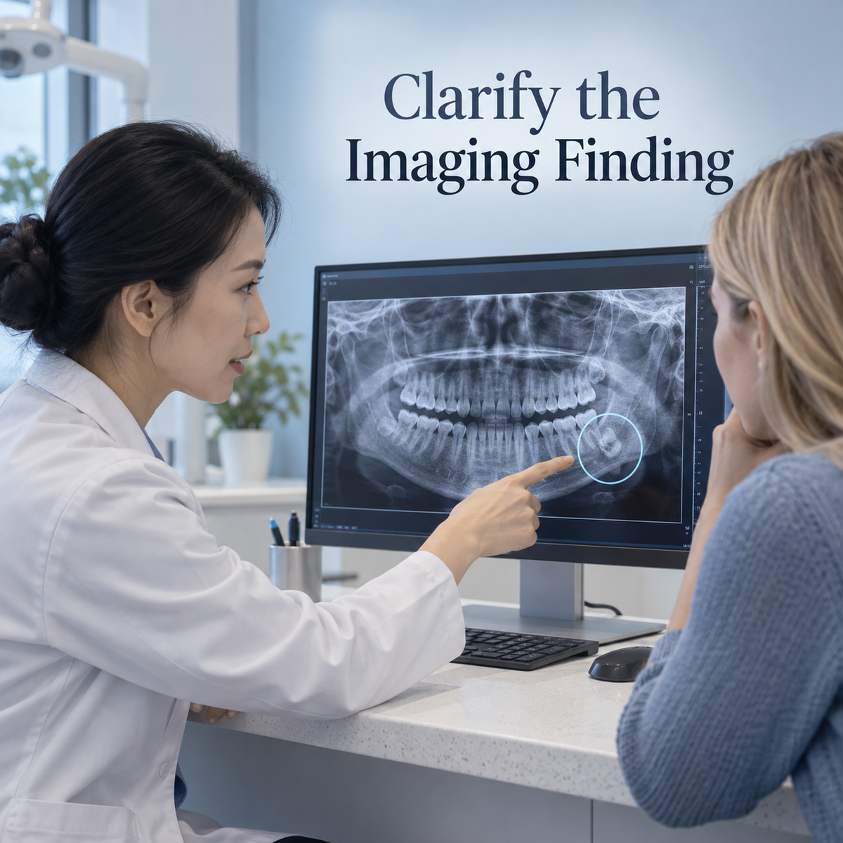 Clarify the Imaging Finding. Educational illustration.