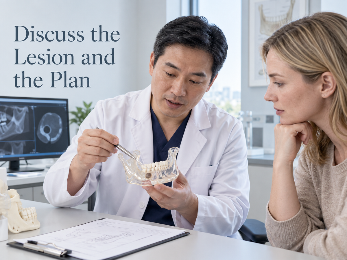 Discuss the Lesion and the Plan. Educational illustration.