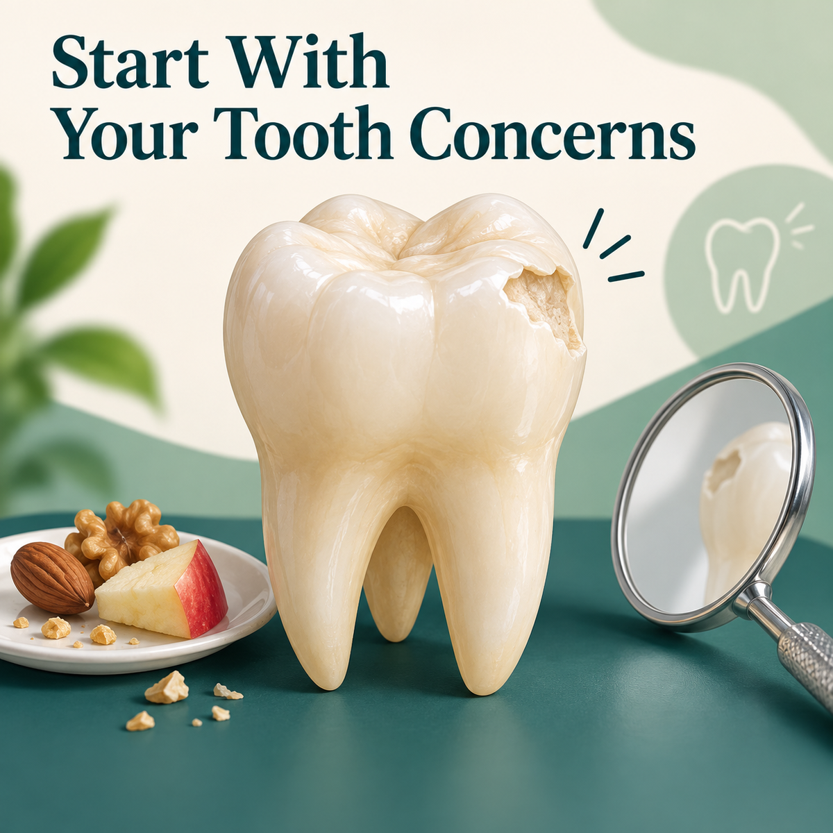 A damaged natural tooth is assessed before a crown is planned. Educational illustration.