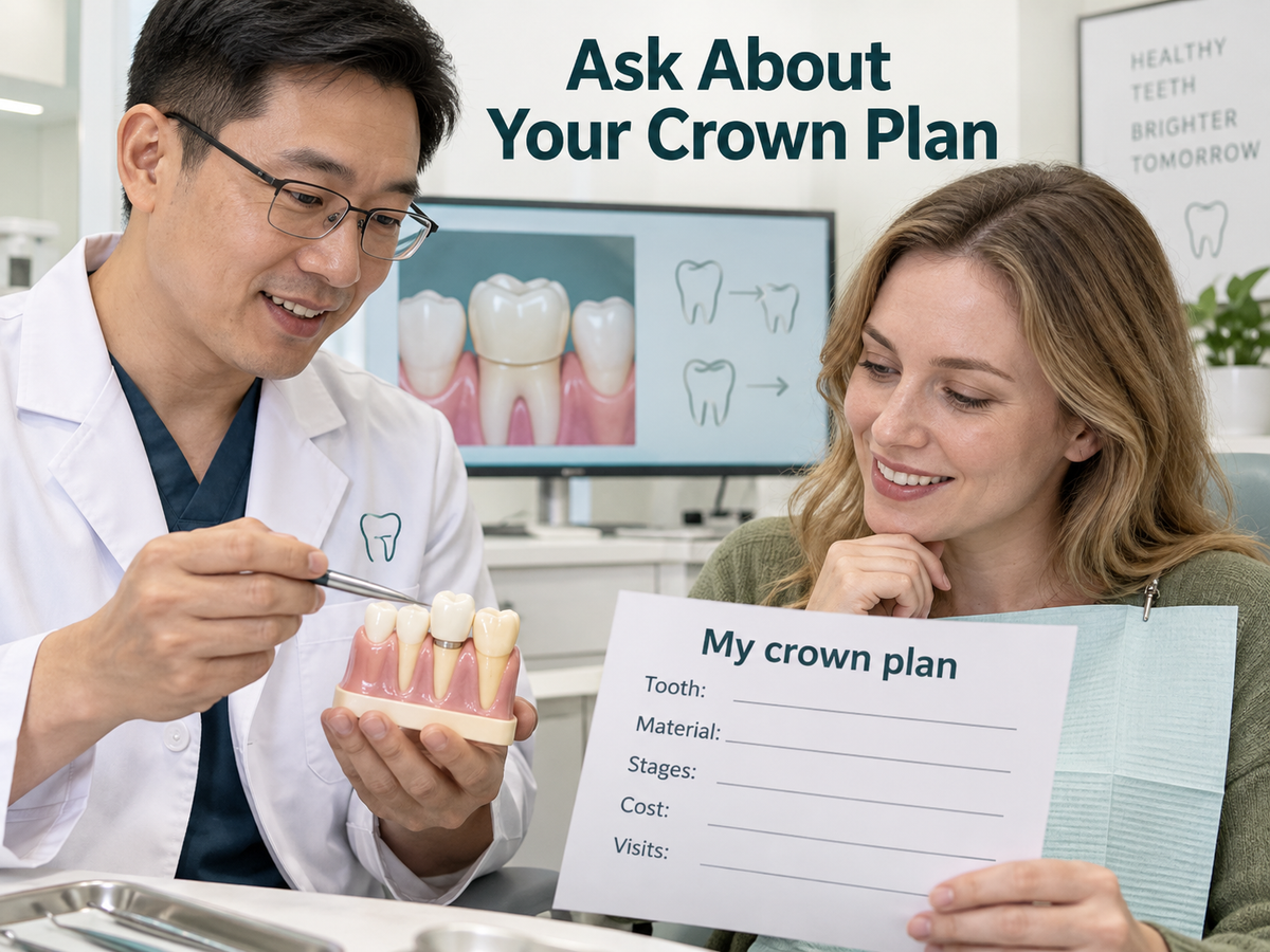 A Chinese dentist discusses the tooth assessment and crown quotation. Educational illustration.