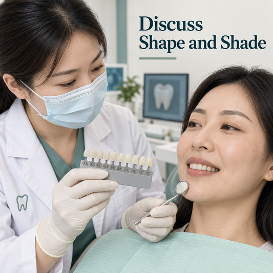 Crown shape and shade are discussed with the patient. Educational illustration.