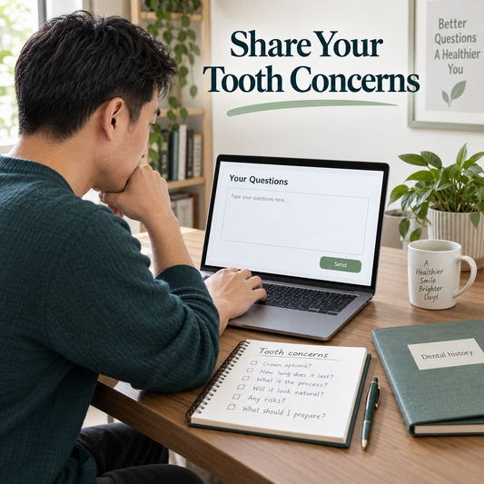 The initial inquiry records tooth concerns and previous treatment. Educational illustration.