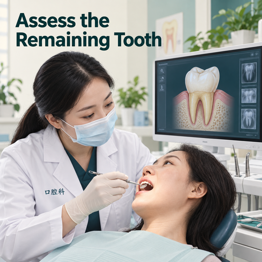 A Chinese dentist assesses the natural tooth, root and gums. Educational illustration.