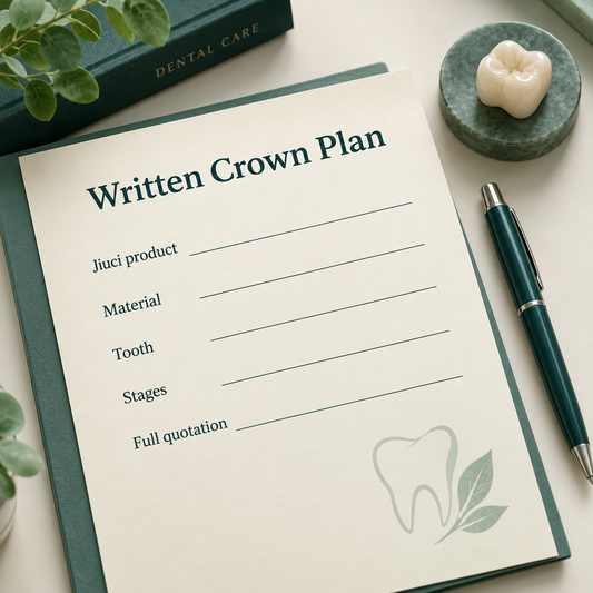 The written crown prescription records exact product and scope. Educational illustration.