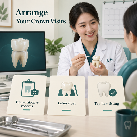 Crown visits are arranged around clinical and laboratory stages. Educational illustration.