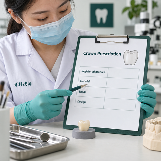 The crown material is documented in the prescription. Educational illustration.