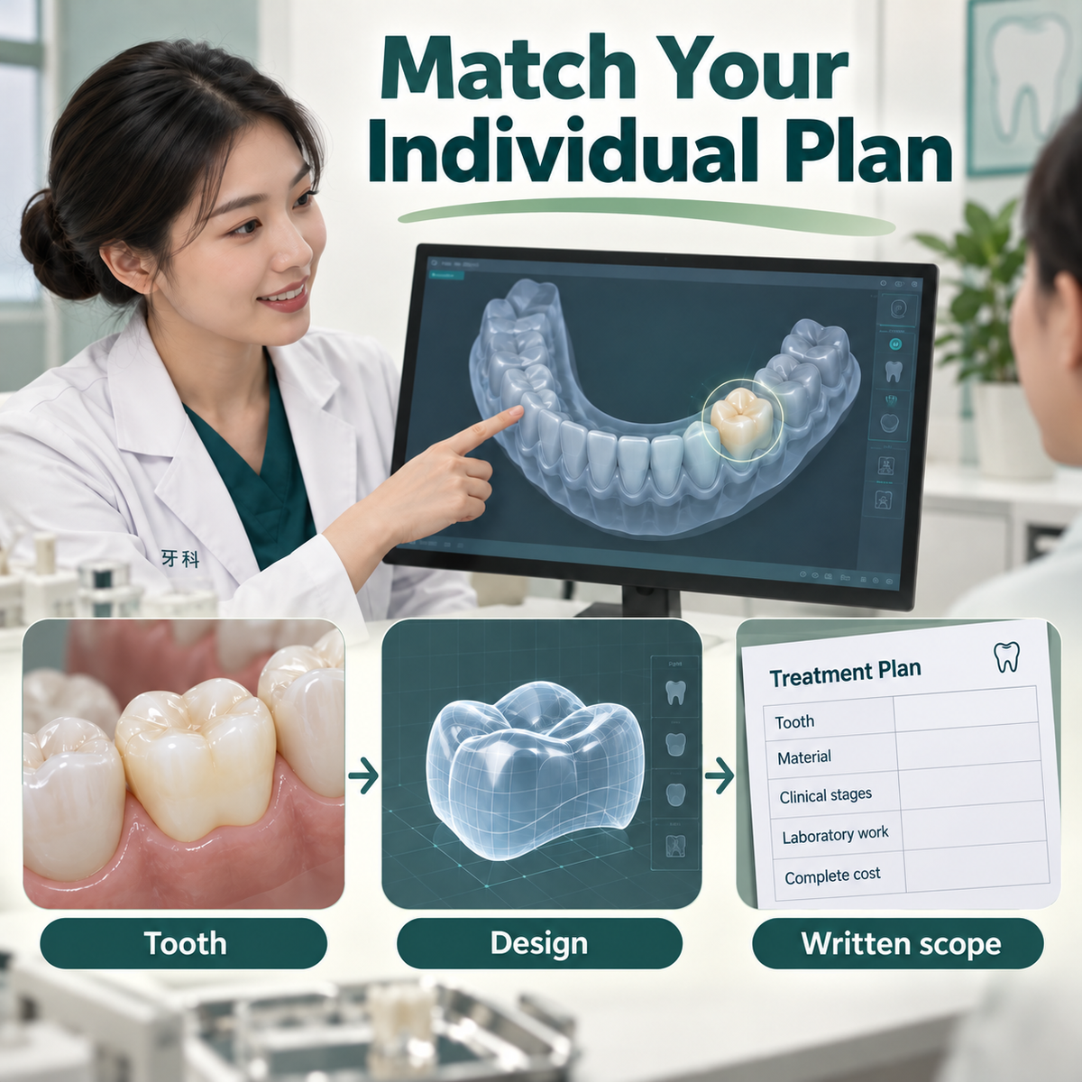 Tooth, crown design and written scope are considered together. Educational illustration.