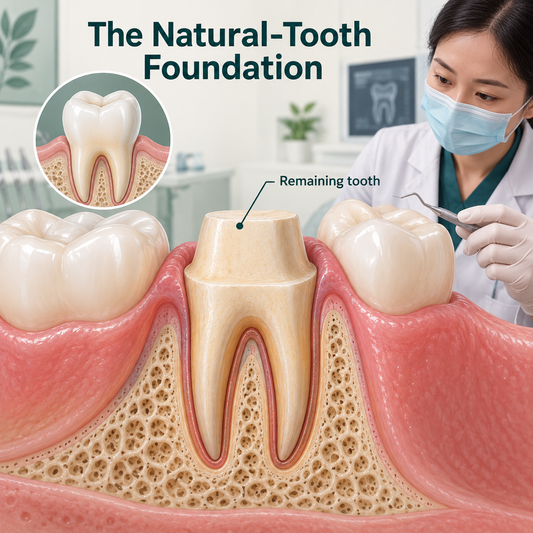 The remaining natural tooth and root provide the crown foundation. Educational illustration.