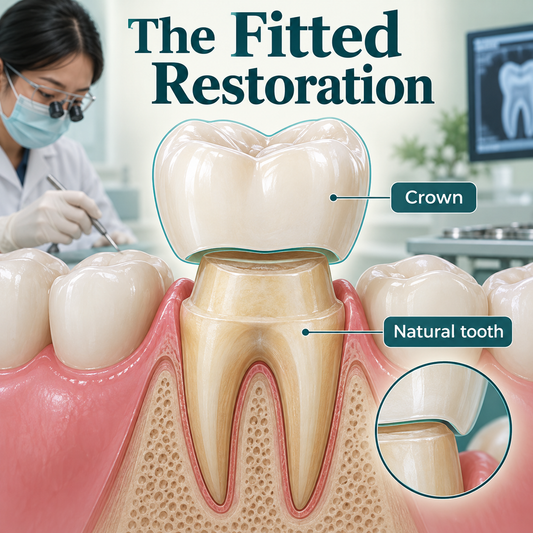 A fitted crown covers the prepared natural tooth. Educational illustration.