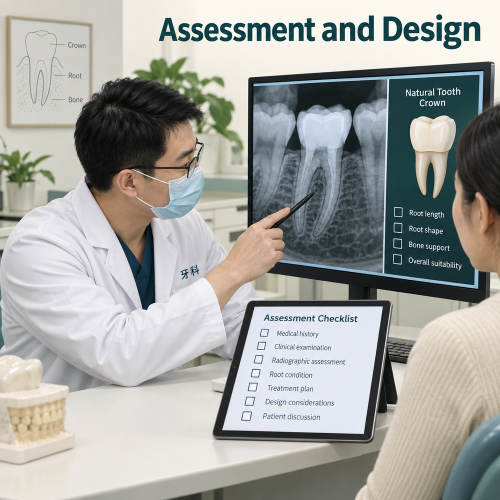 Clinical assessment informs crown design. Educational illustration.
