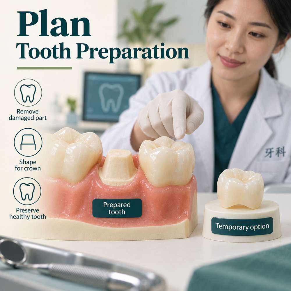 Tooth preparation is planned before the crown is made. Educational illustration.