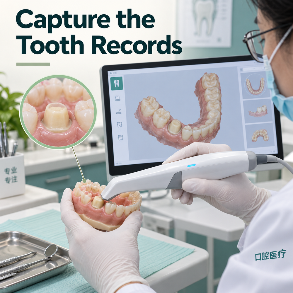 An impression or scan records the prepared tooth. Educational illustration.