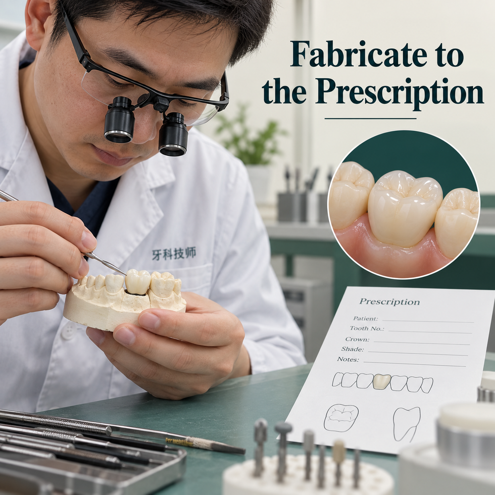 The laboratory follows the crown material and design prescription. Educational illustration.