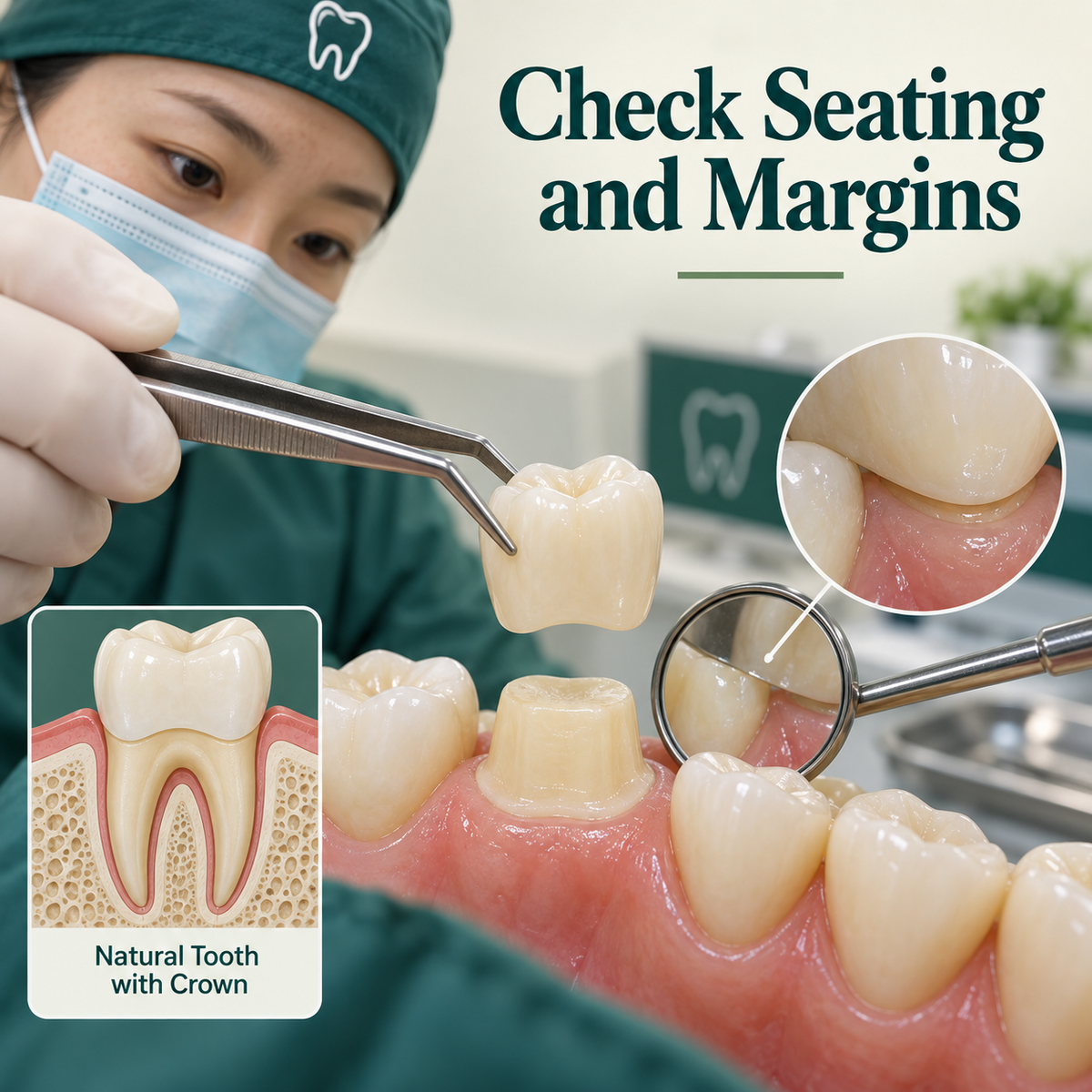 Crown seating and margins are checked during try-in. Educational illustration.