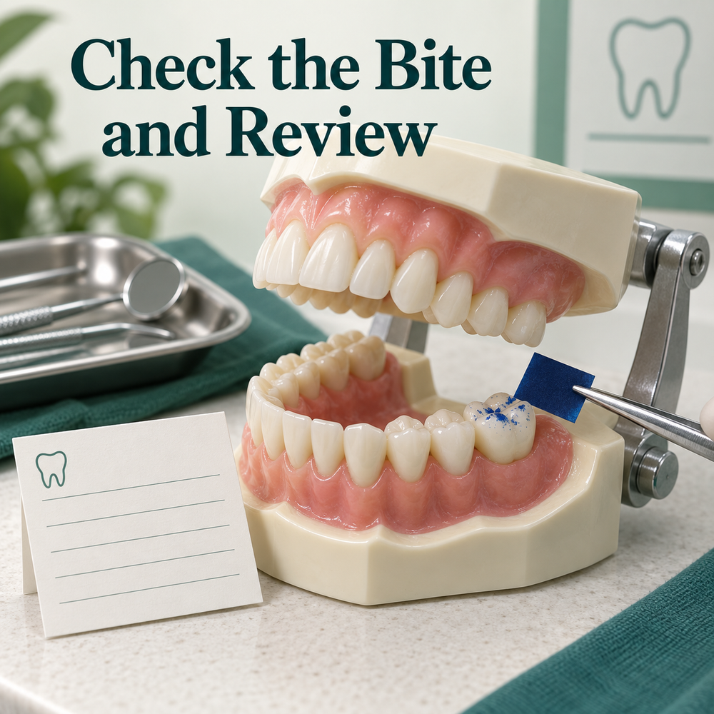 The final crown bite and review arrangements are checked. Educational illustration.