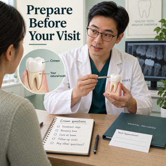 Dental history and questions are prepared before visiting. Educational illustration.
