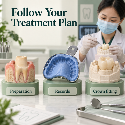 Clinical and laboratory work follow the crown treatment plan. Educational illustration.
