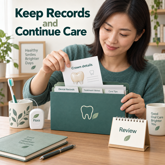 The patient keeps crown records and continues cleaning and review. Educational illustration.