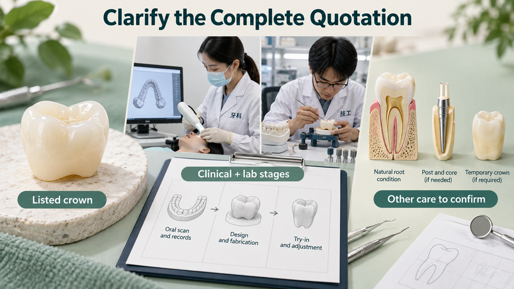 The crown quotation identifies stages and separately considered care. Educational illustration.