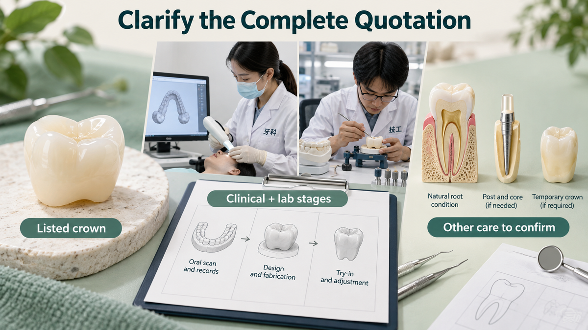 The crown quotation identifies stages and separately considered care. Educational illustration.