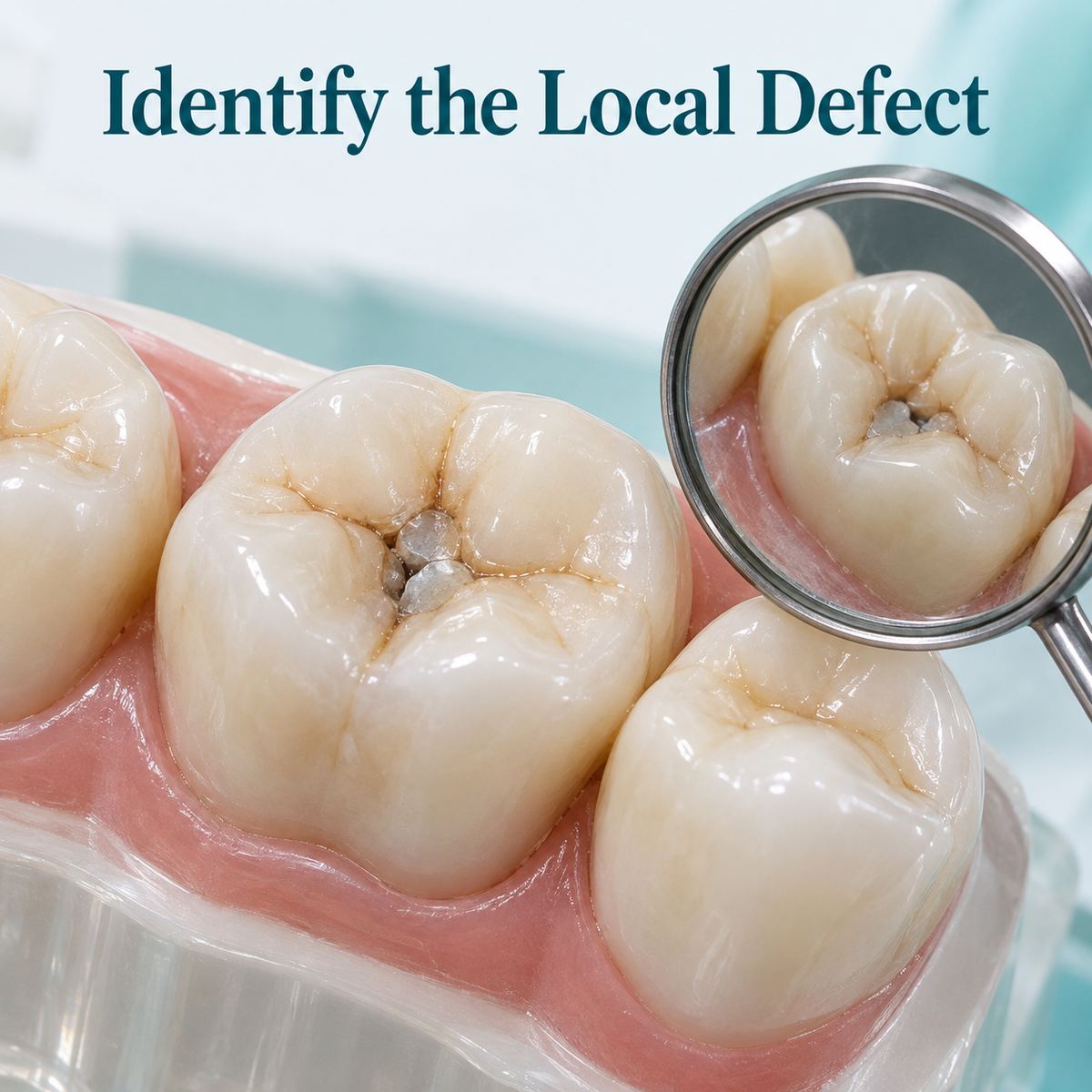 A local tooth defect and old filling are assessed. Educational illustration.