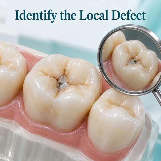 A local tooth defect and old filling are assessed. Educational illustration.