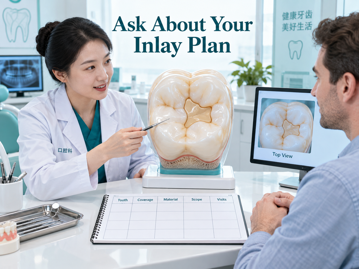 A Chinese dentist explains inlay coverage and the written plan. Educational illustration.