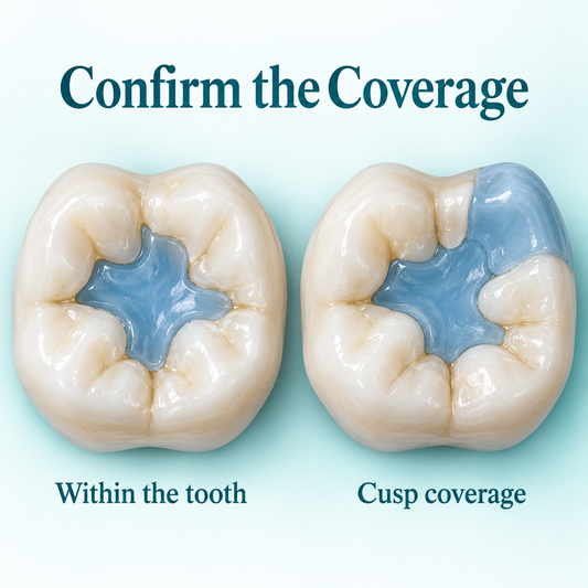 Inlay coverage is distinguished from coverage of a cusp. Educational illustration.