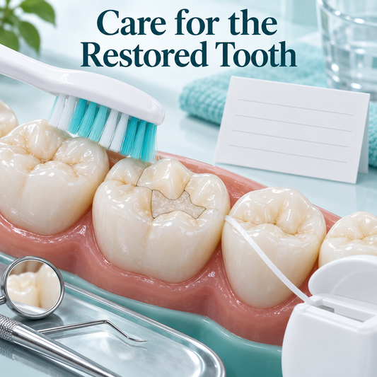 Cleaning focuses on the restored tooth and adjacent contacts. Educational illustration.