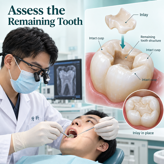 A clinician examines the tooth defect and remaining cusps. Educational illustration.