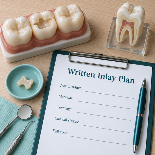 The inlay prescription records exact product, material and scope. Educational illustration.