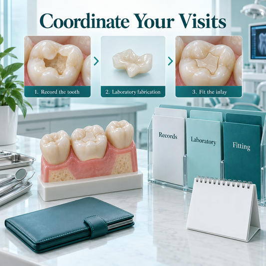 Records, laboratory work and fitting require coordinated appointments. Educational illustration.