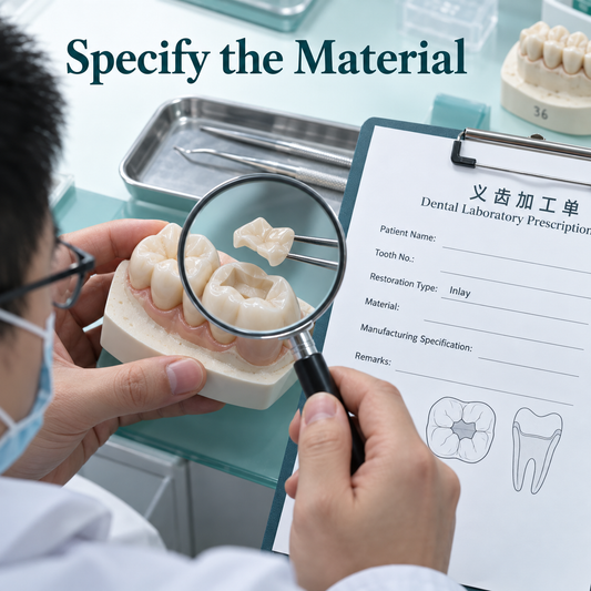 The restorative material is confirmed in a laboratory prescription. Educational illustration.