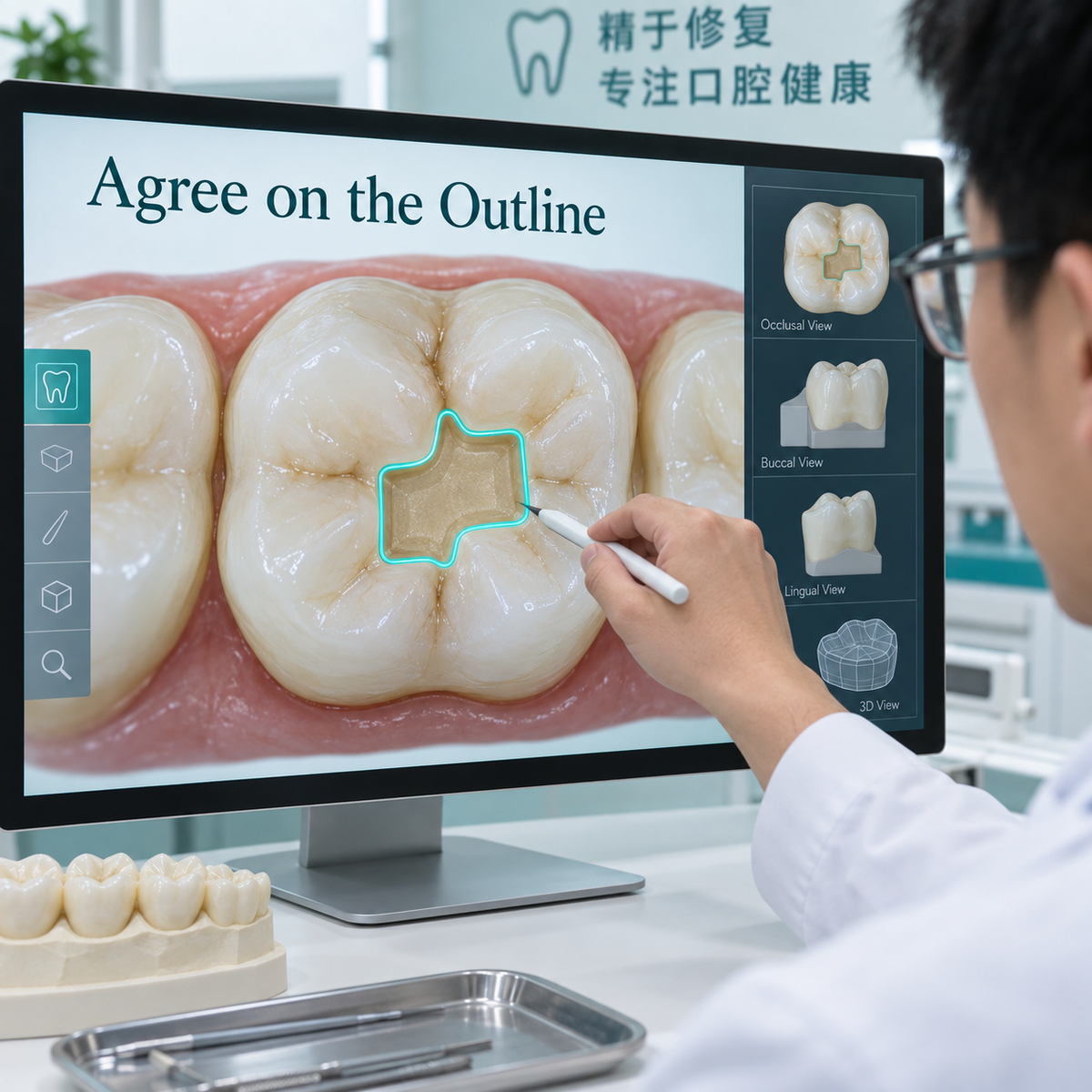 Restoration outline follows the assessed defect. Educational illustration.
