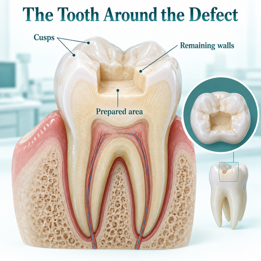 Remaining tooth walls and cusps surround the prepared defect. Educational illustration.