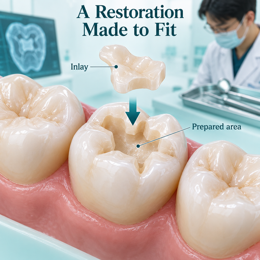 A small indirect inlay fits within the prepared tooth. Educational illustration.