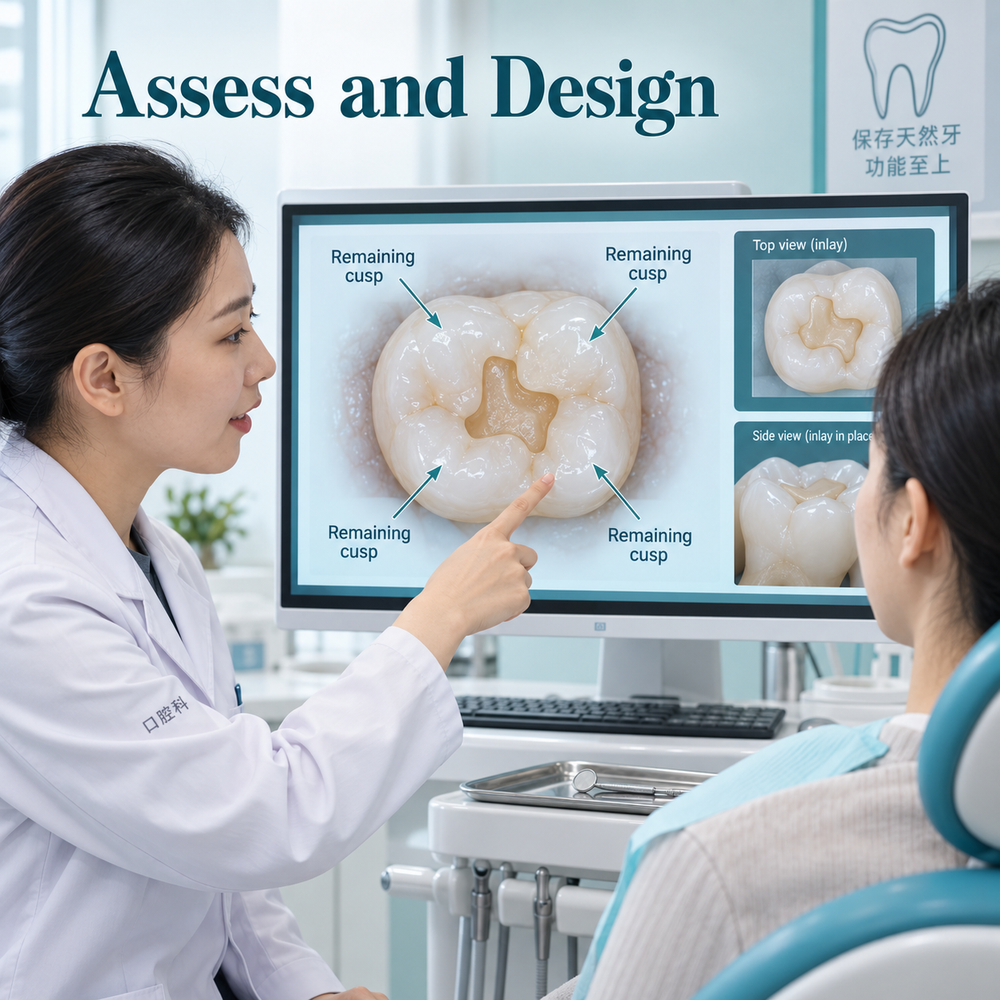Assessment defines the defect and restoration outline. Educational illustration.