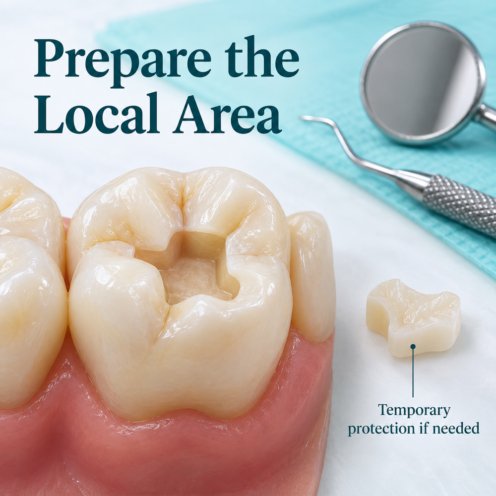 The local damaged area is prepared for an indirect restoration. Educational illustration.
