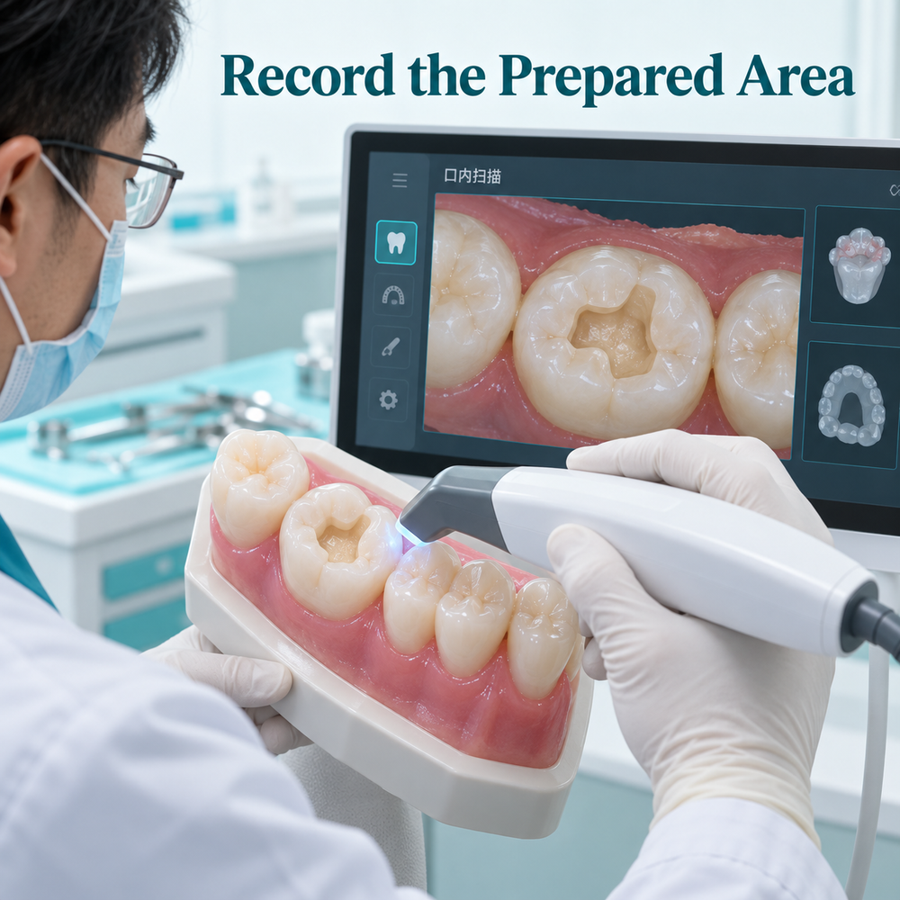 An impression or scan records the inlay preparation. Educational illustration.