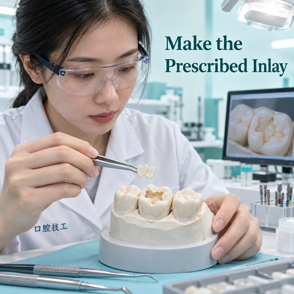 An inlay is fabricated to the agreed prescription. Educational illustration.