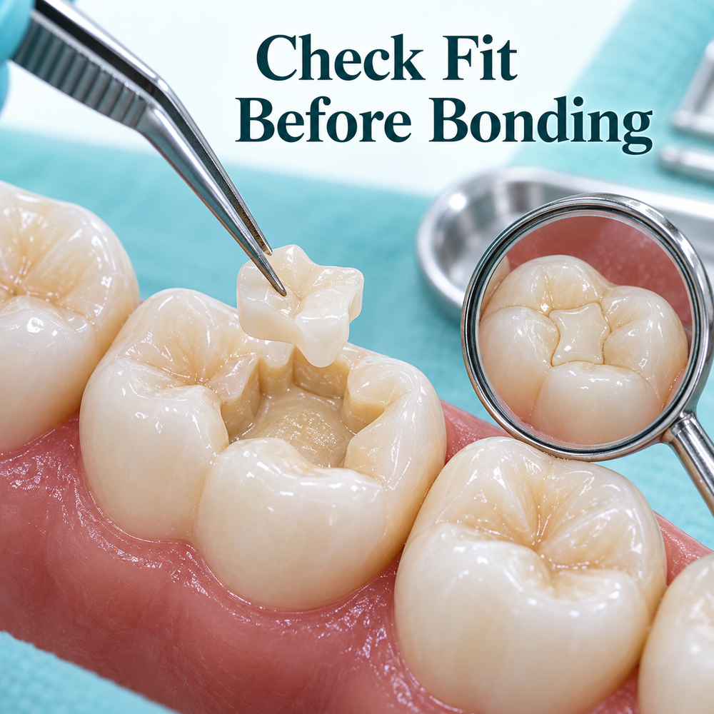 The inlay fit is checked before bonding or cementation. Educational illustration.