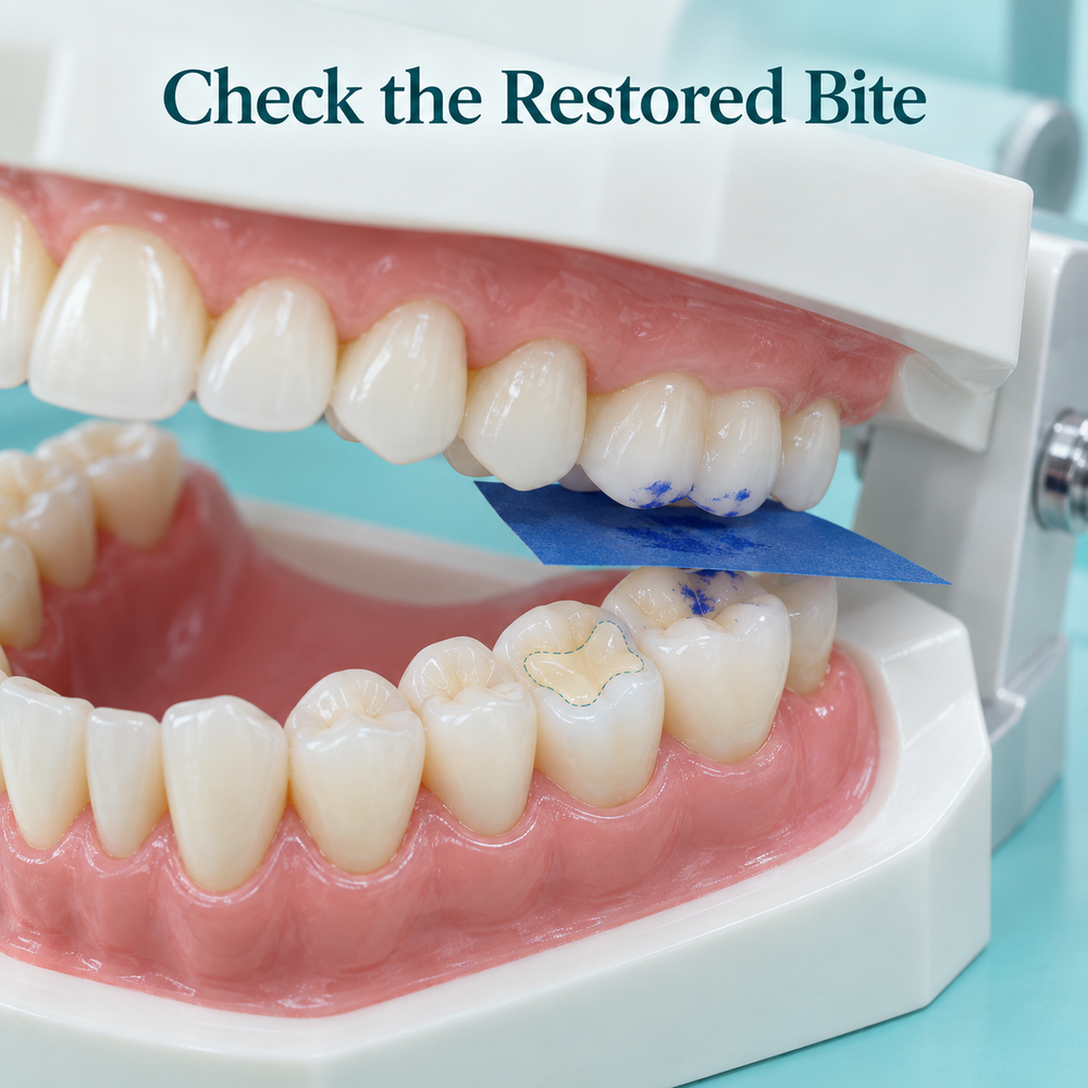 Bite contacts are checked on the restored chewing surface. Educational illustration.