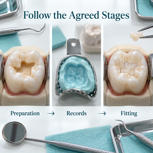 Preparation, records and fitting follow the treatment plan. Educational illustration.