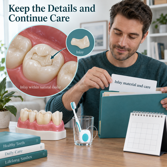 The patient keeps restoration records and continues home care. Educational illustration.