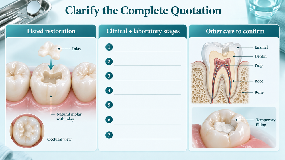 The quotation distinguishes the listed inlay from clinical stages and other care. Educational illustration.