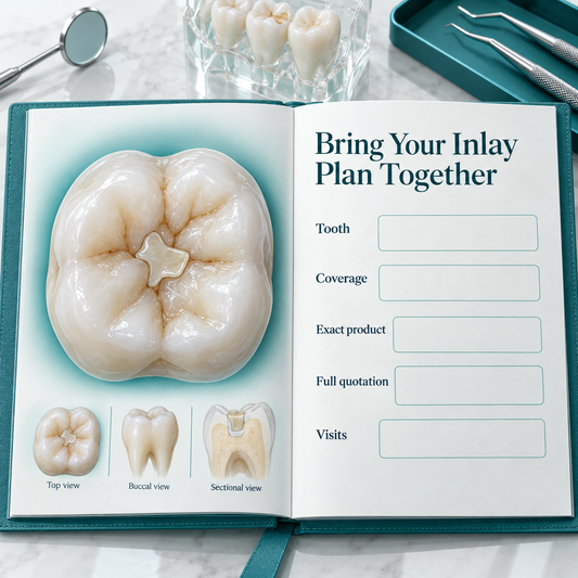 The final plan connects tooth, coverage, product, cost and visits. Educational illustration.